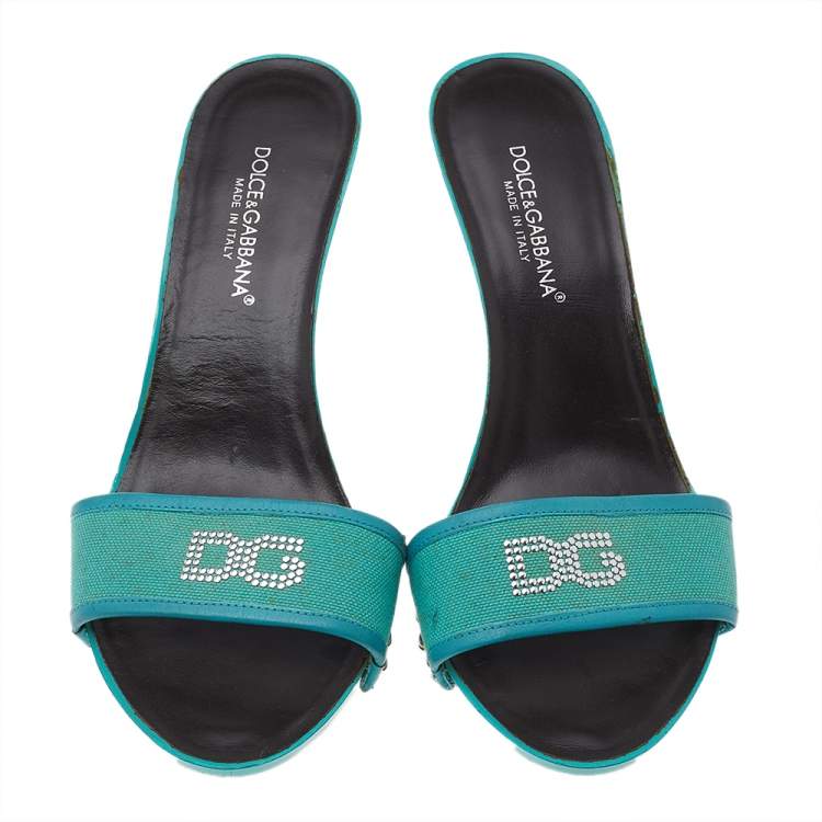 Pre Owned Dolce & Gabbana Blue Canvas And Leather Embellished Slide Sandals Size 39