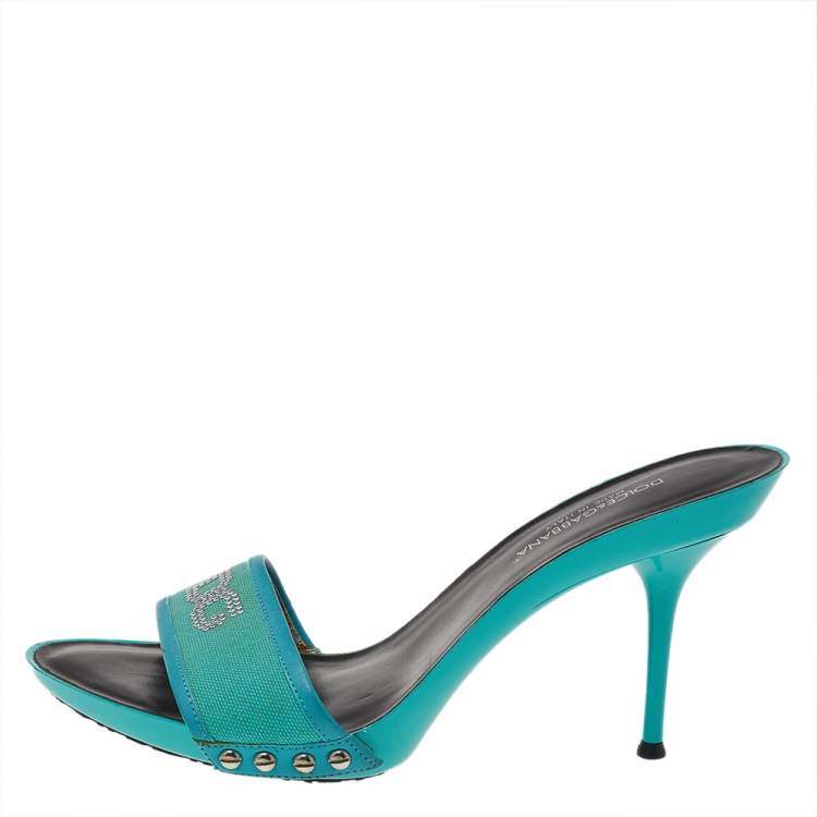 Pre Owned Dolce & Gabbana Blue Canvas And Leather Embellished Slide Sandals Size 39