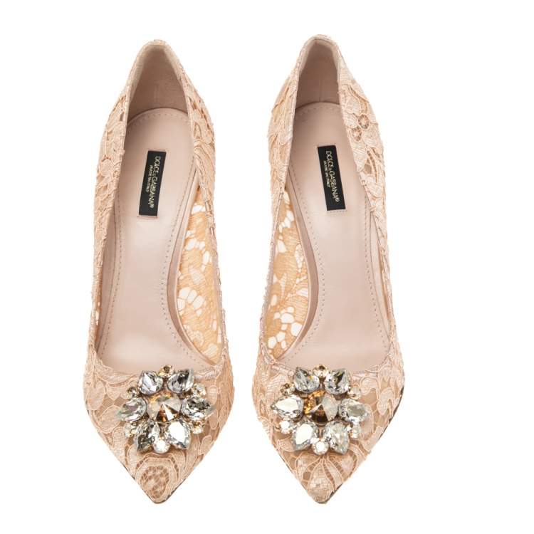 Pre Owned Dolce & Gabbana Beige Lace Bellucci Crystal Embellished Pumps Size 41