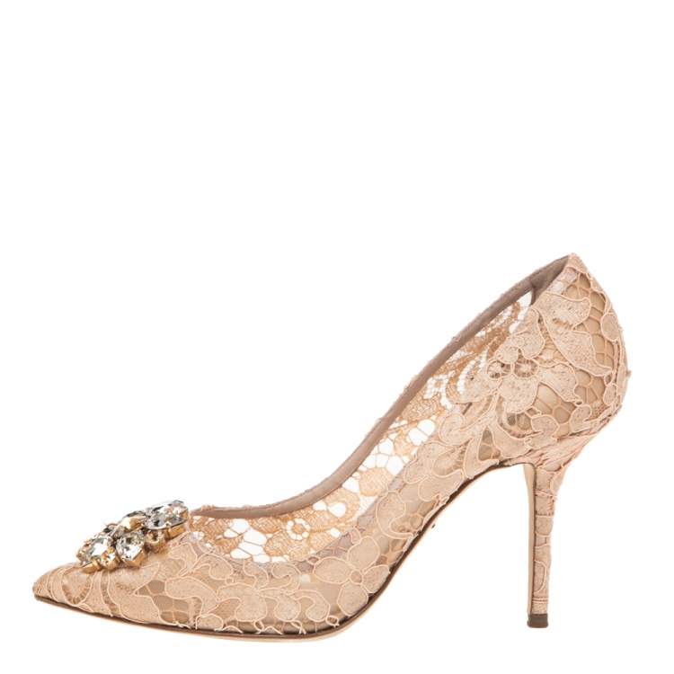 Pre Owned Dolce & Gabbana Beige Lace Bellucci Crystal Embellished Pumps Size 41