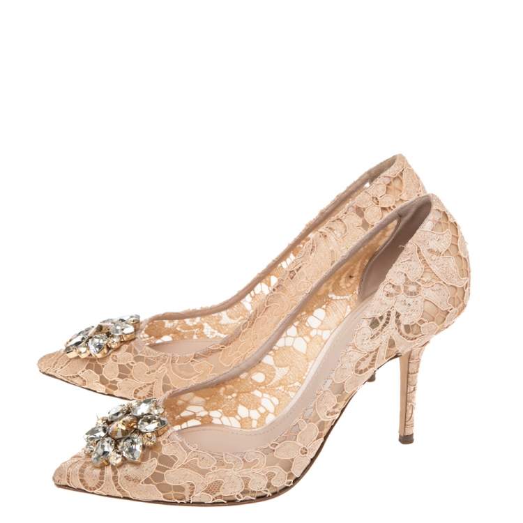 Pre Owned Dolce & Gabbana Beige Lace Bellucci Crystal Embellished Pumps Size 41
