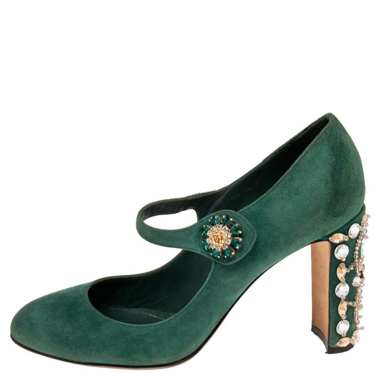 Pre Owned Dolce & Gabbana Green Suede Crystal Embellished Mary Jane Pumps Size 40