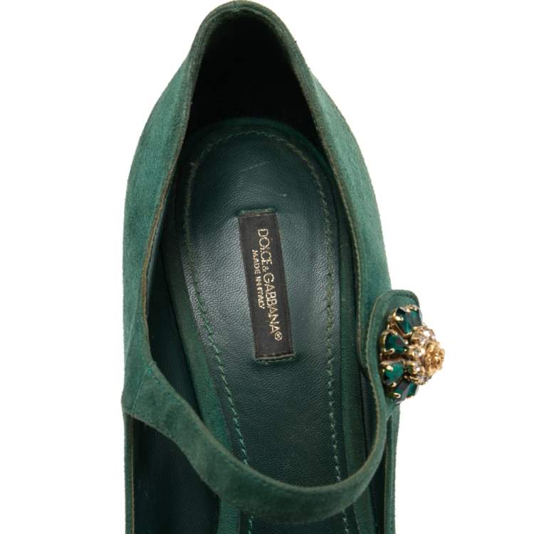 Pre Owned Dolce & Gabbana Green Suede Crystal Embellished Mary Jane Pumps Size 40