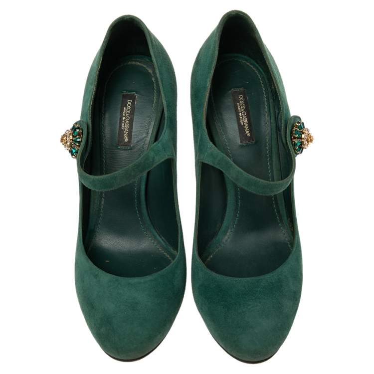 Pre Owned Dolce & Gabbana Green Suede Crystal Embellished Mary Jane Pumps Size 40