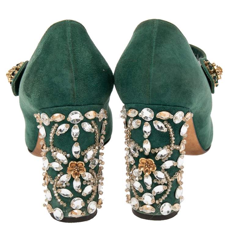 Pre Owned Dolce & Gabbana Green Suede Crystal Embellished Mary Jane Pumps Size 40