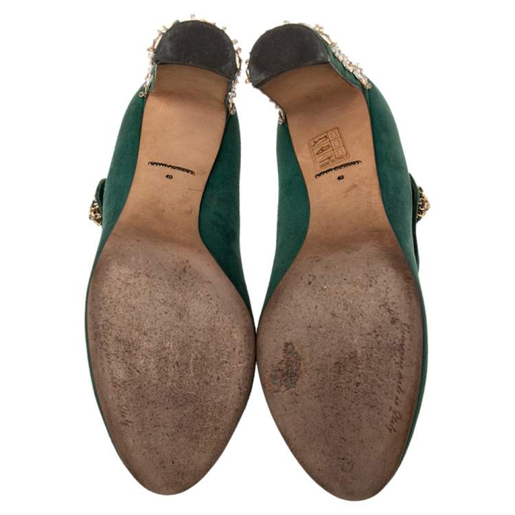 Pre Owned Dolce & Gabbana Green Suede Crystal Embellished Mary Jane Pumps Size 40