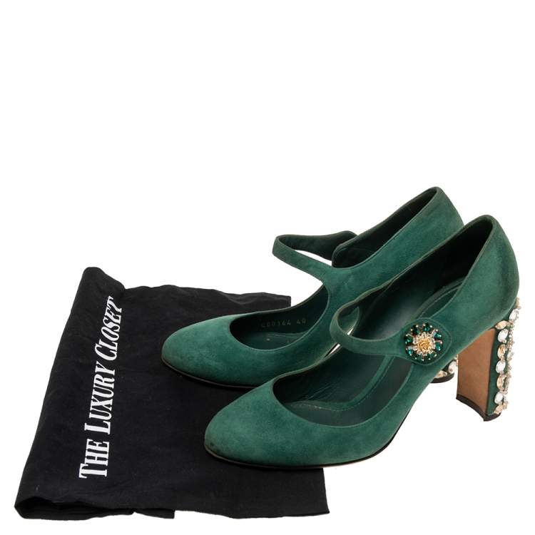 Pre Owned Dolce & Gabbana Green Suede Crystal Embellished Mary Jane Pumps Size 40