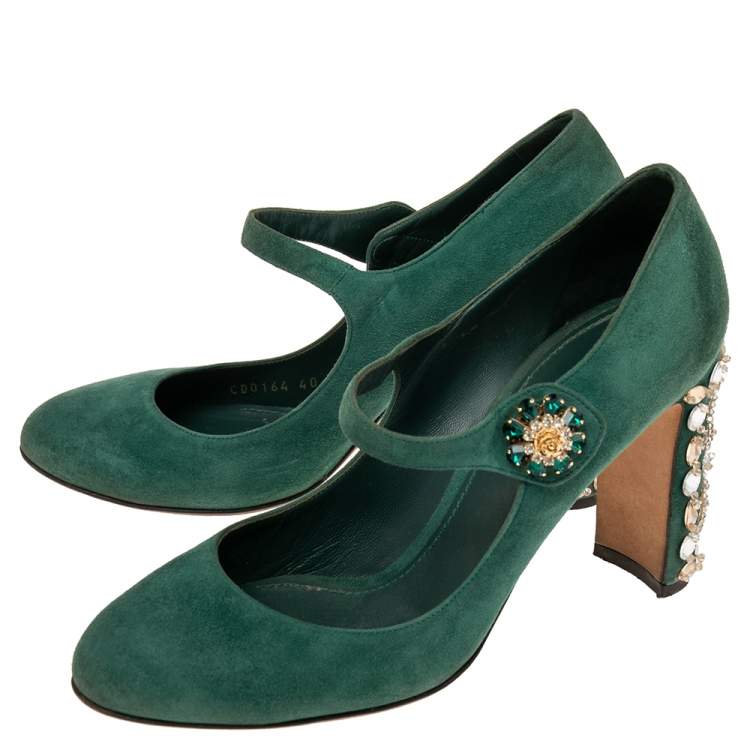 Pre Owned Dolce & Gabbana Green Suede Crystal Embellished Mary Jane Pumps Size 40