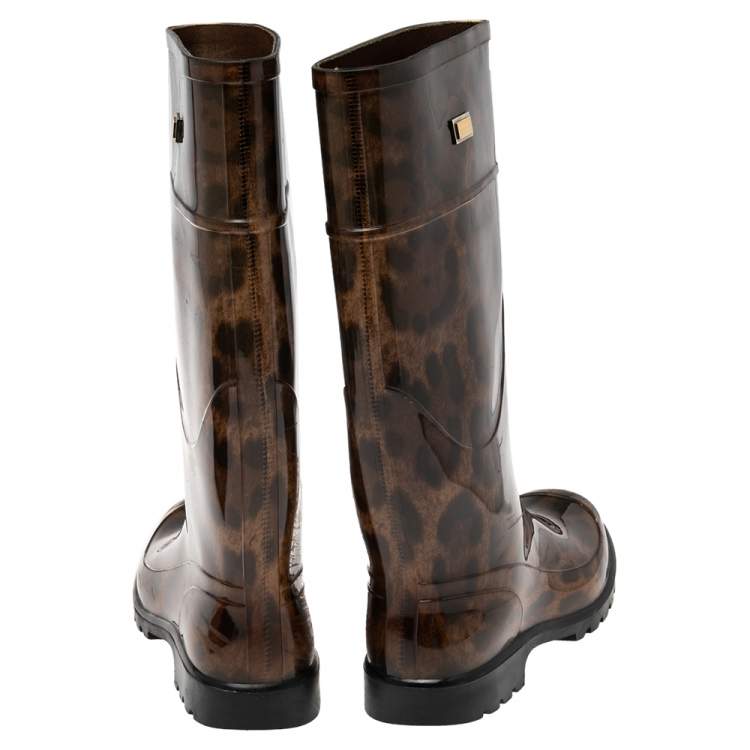 Pre Owned Dolce & Gabbana Brown Leopard Print Rubber Mid Rain Boots Size 38