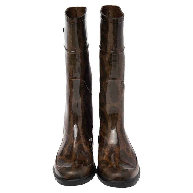 Pre Owned Dolce & Gabbana Brown Leopard Print Rubber Mid Rain Boots Size 38