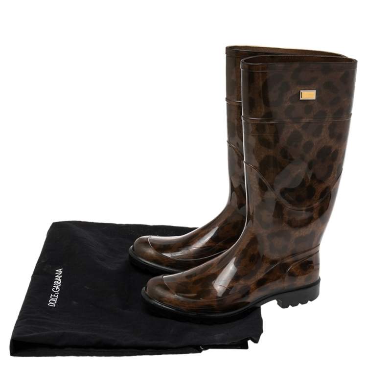 Pre Owned Dolce & Gabbana Brown Leopard Print Rubber Mid Rain Boots Size 38