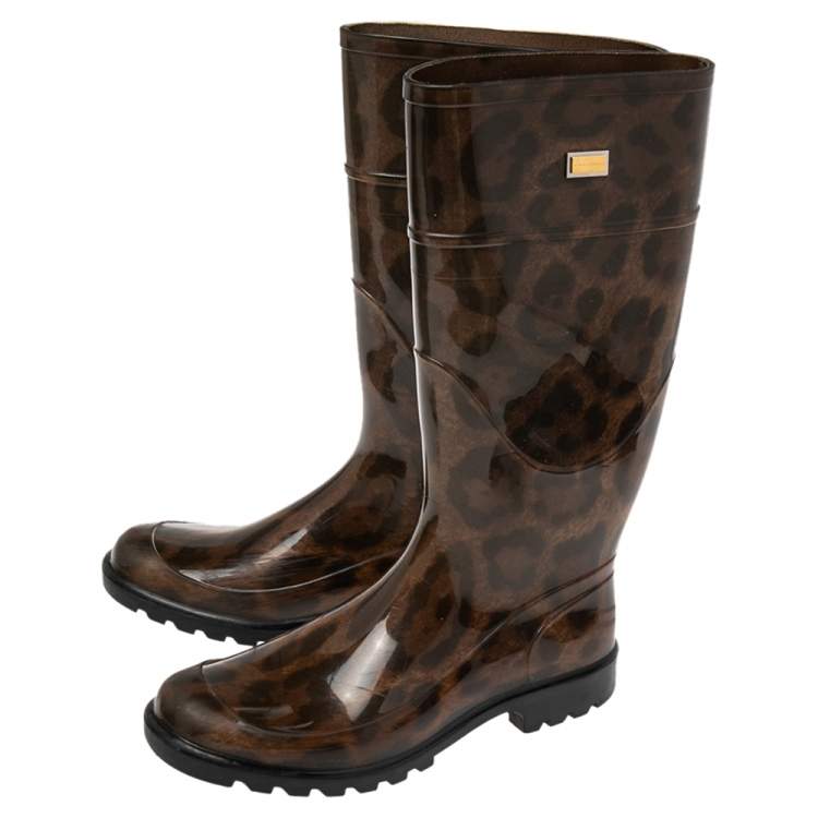 Pre Owned Dolce & Gabbana Brown Leopard Print Rubber Mid Rain Boots Size 38