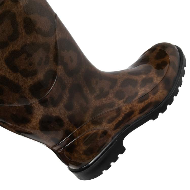 Pre Owned Dolce & Gabbana Brown Leopard Print Rubber Mid Rain Boots Size 38