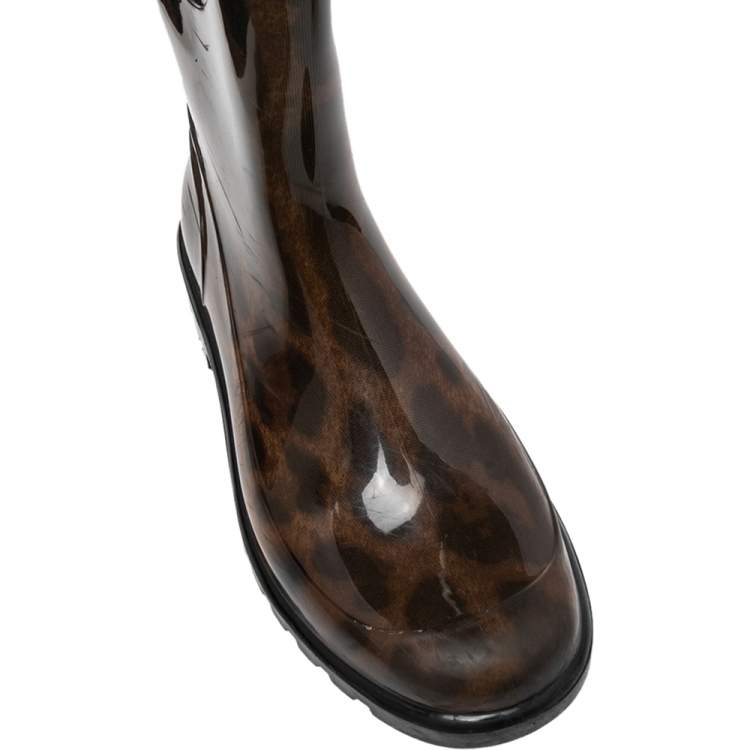 Pre Owned Dolce & Gabbana Brown Leopard Print Rubber Mid Rain Boots Size 38
