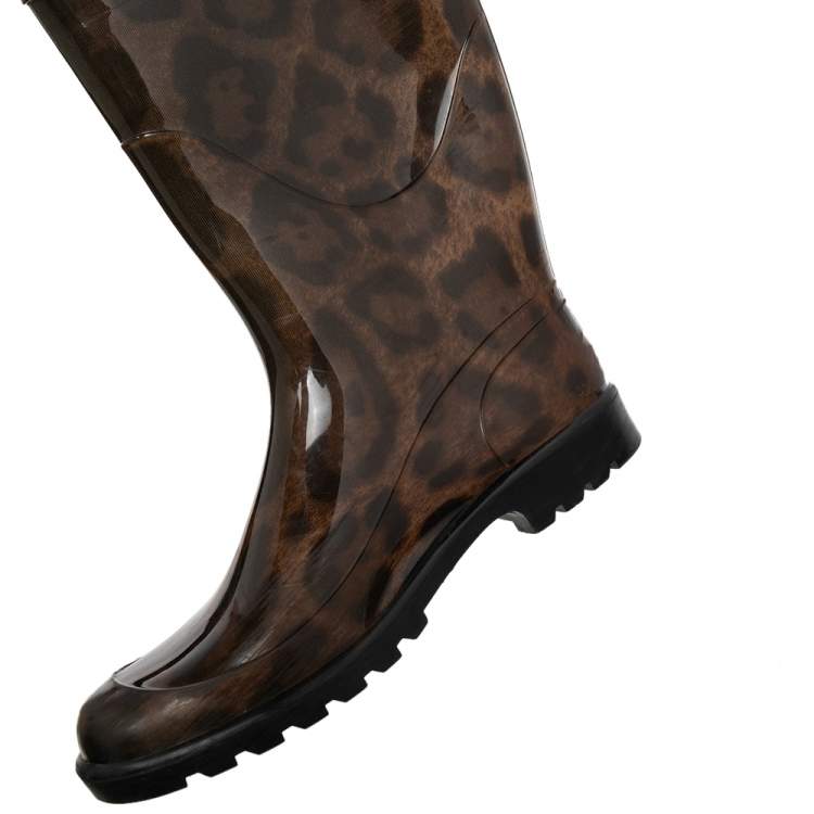 Pre Owned Dolce & Gabbana Brown Leopard Print Rubber Mid Rain Boots Size 38
