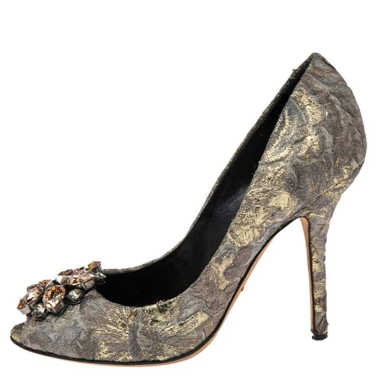 Pre Owned Dolce & Gabbana Gold/Grey Lurex Fabric Floral Bellucci Crystal Embellished Pumps Size 37