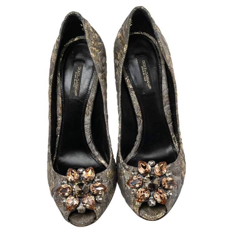 Pre Owned Dolce & Gabbana Gold/Grey Lurex Fabric Floral Bellucci Crystal Embellished Pumps Size 37