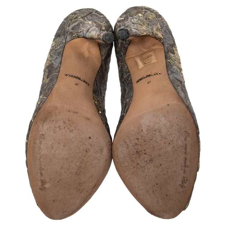 Pre Owned Dolce & Gabbana Gold/Grey Lurex Fabric Floral Bellucci Crystal Embellished Pumps Size 37