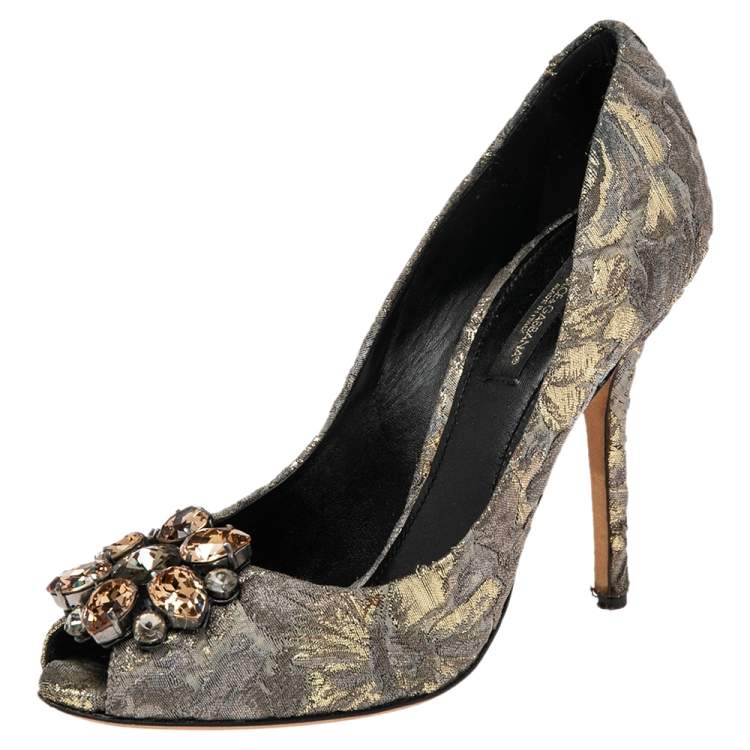 Pre Owned Dolce & Gabbana Gold/Grey Lurex Fabric Floral Bellucci Crystal Embellished Pumps Size 37