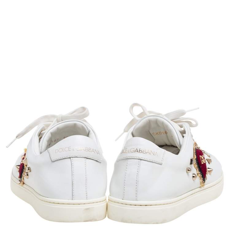 Pre Owned Dolce & Gabbana White  Leather Embellished Portofino Sneakers Size 40.5