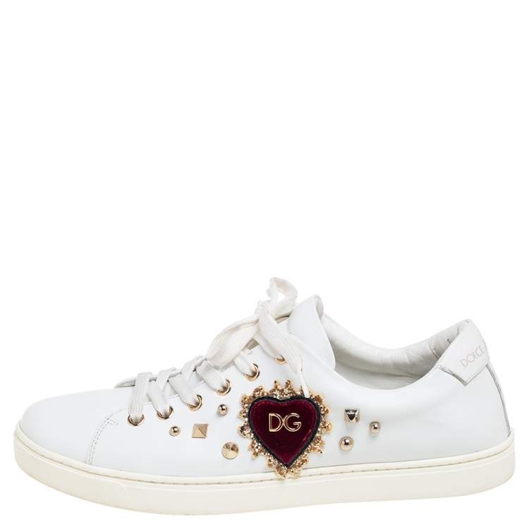 Pre Owned Dolce & Gabbana White  Leather Embellished Portofino Sneakers Size 40.5