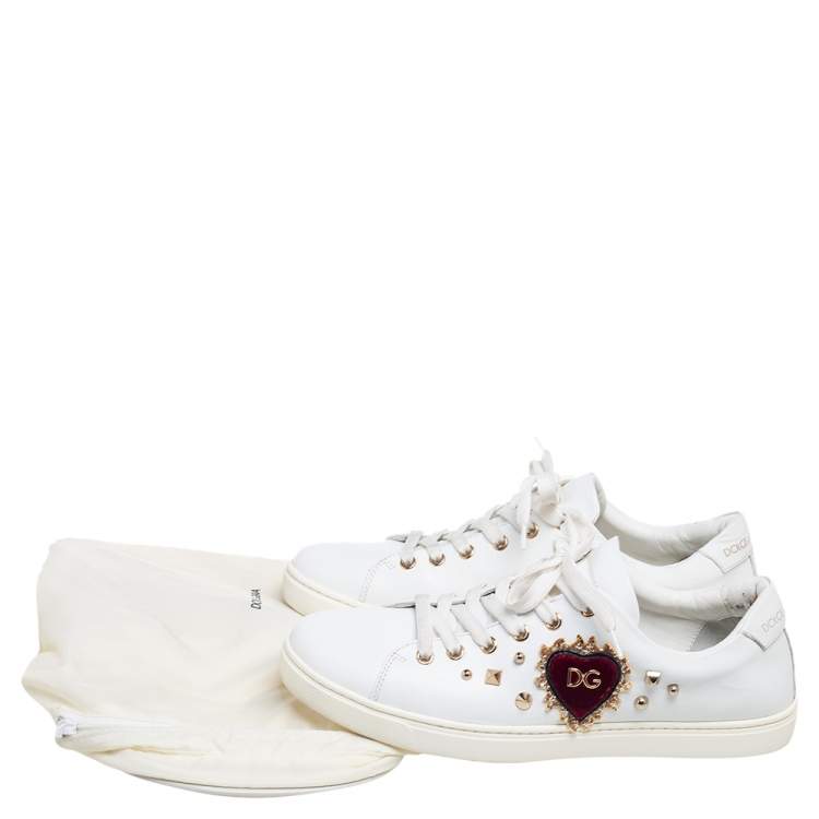 Pre Owned Dolce & Gabbana White  Leather Embellished Portofino Sneakers Size 40.5