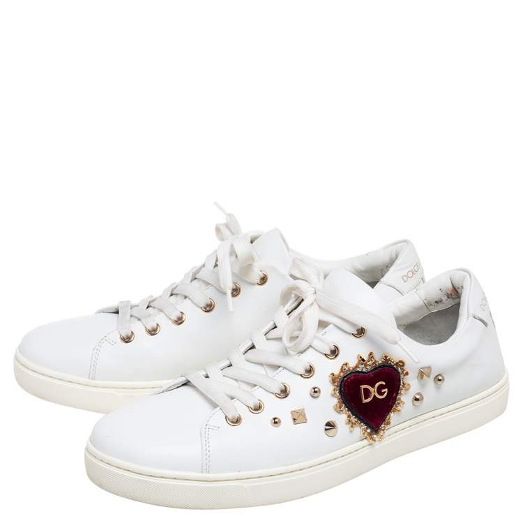 Pre Owned Dolce & Gabbana White  Leather Embellished Portofino Sneakers Size 40.5