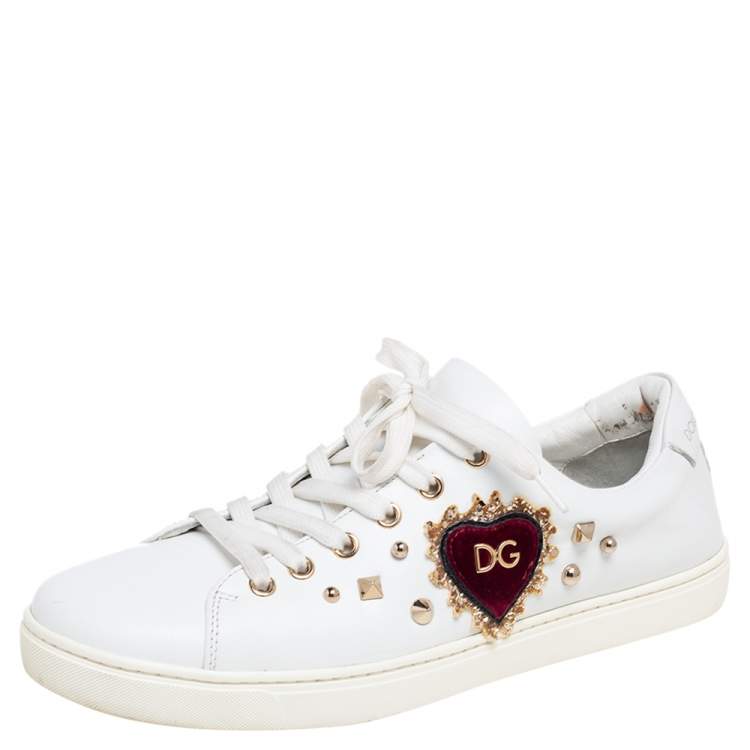 Pre Owned Dolce & Gabbana White  Leather Embellished Portofino Sneakers Size 40.5