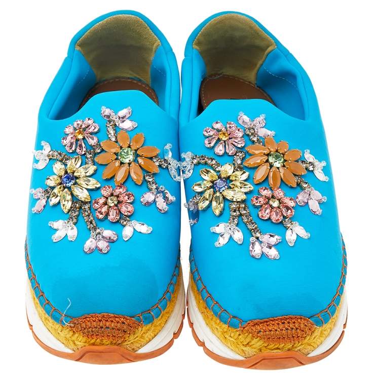 Pre Owned Dolce & Gabbana Blue Neoprene Barcelona Embellished Slip On Sneakers Size 38