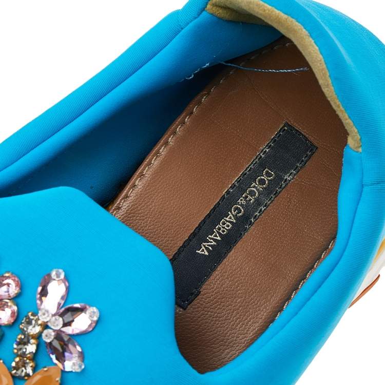 Pre Owned Dolce & Gabbana Blue Neoprene Barcelona Embellished Slip On Sneakers Size 38