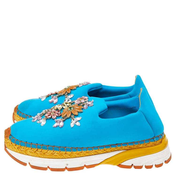 Pre Owned Dolce & Gabbana Blue Neoprene Barcelona Embellished Slip On Sneakers Size 38