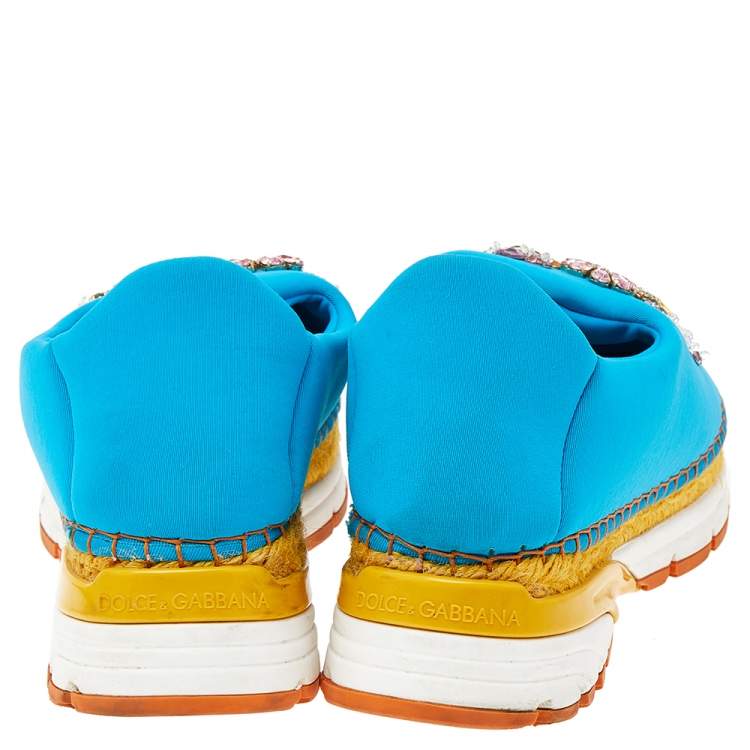 Pre Owned Dolce & Gabbana Blue Neoprene Barcelona Embellished Slip On Sneakers Size 38