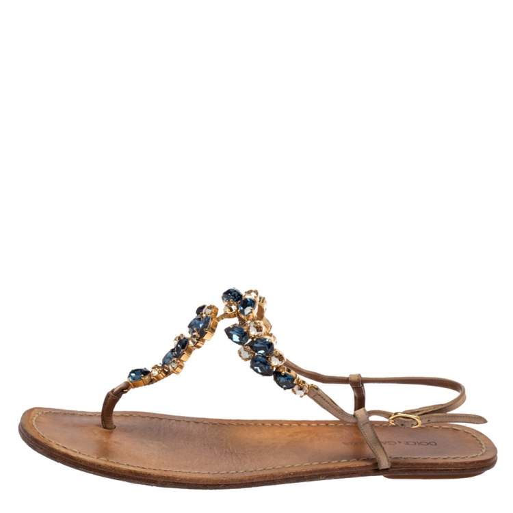 Pre Owned Dolce & Gabbana Beige Leather Crystal Embellished Ankle Strap Flat Thong Sandals Size 39.5