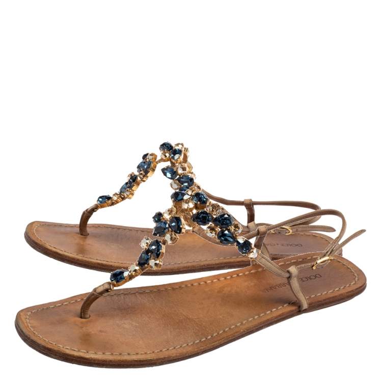 Pre Owned Dolce & Gabbana Beige Leather Crystal Embellished Ankle Strap Flat Thong Sandals Size 39.5