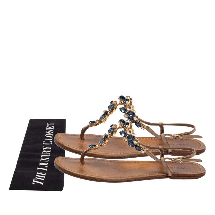 Pre Owned Dolce & Gabbana Beige Leather Crystal Embellished Ankle Strap Flat Thong Sandals Size 39.5