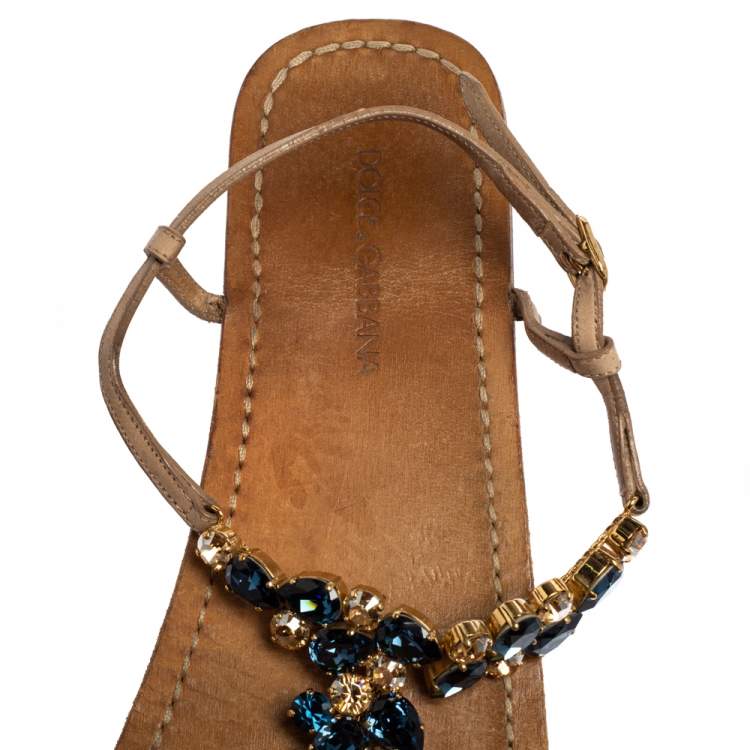 Pre Owned Dolce & Gabbana Beige Leather Crystal Embellished Ankle Strap Flat Thong Sandals Size 39.5