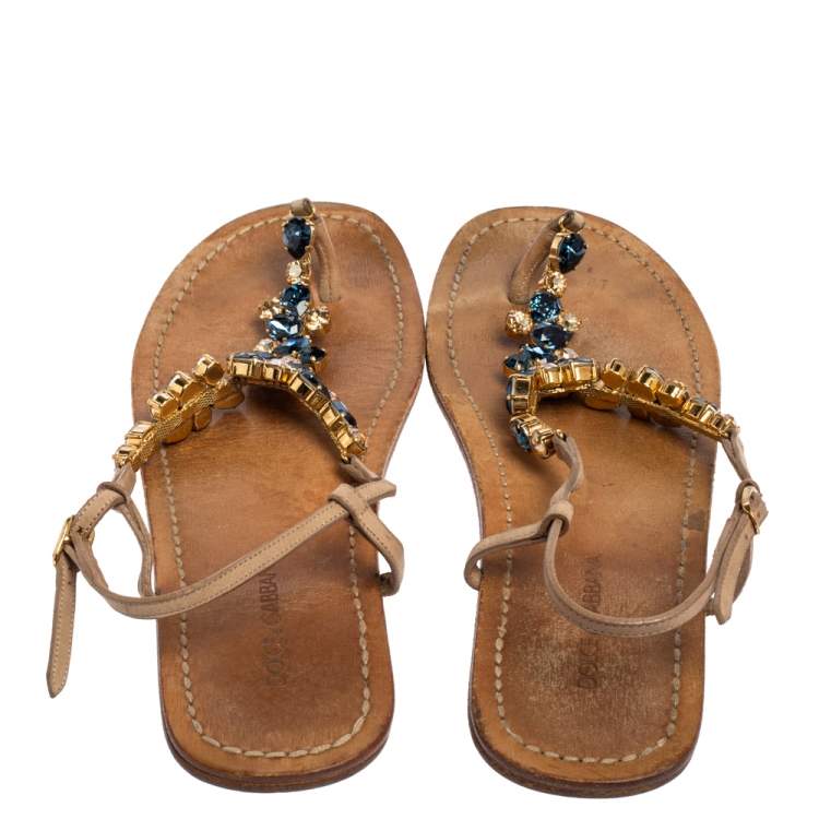 Pre Owned Dolce & Gabbana Beige Leather Crystal Embellished Ankle Strap Flat Thong Sandals Size 39.5