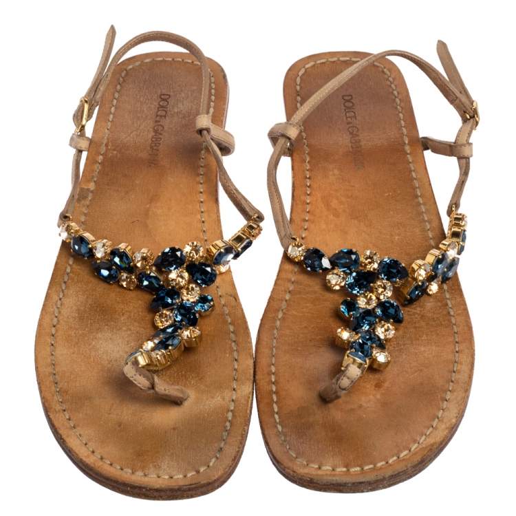 Pre Owned Dolce & Gabbana Beige Leather Crystal Embellished Ankle Strap Flat Thong Sandals Size 39.5
