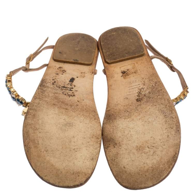 Pre Owned Dolce & Gabbana Beige Leather Crystal Embellished Ankle Strap Flat Thong Sandals Size 39.5