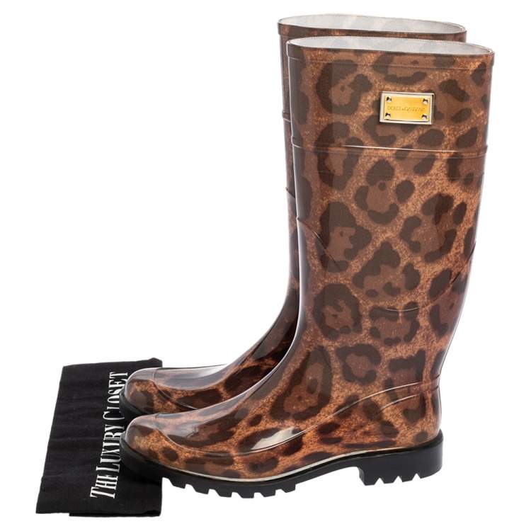Pre Owned Dolce & Gabbana Black/Gold Leopard Print PVC Mid calf Rain Boots Size 38