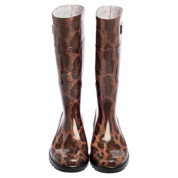 Pre Owned Dolce & Gabbana Black/Gold Leopard Print PVC Mid calf Rain Boots Size 38