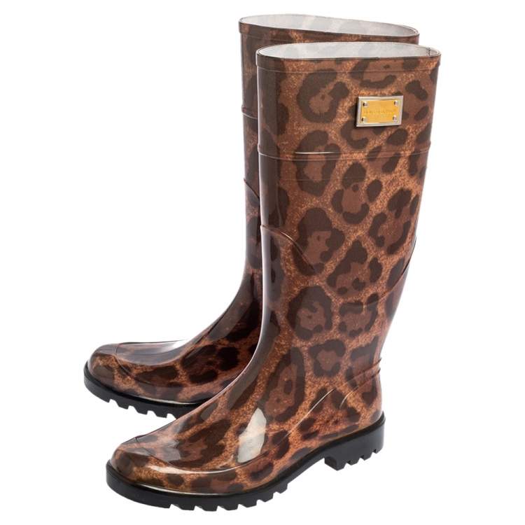 Pre Owned Dolce & Gabbana Black/Gold Leopard Print PVC Mid calf Rain Boots Size 38