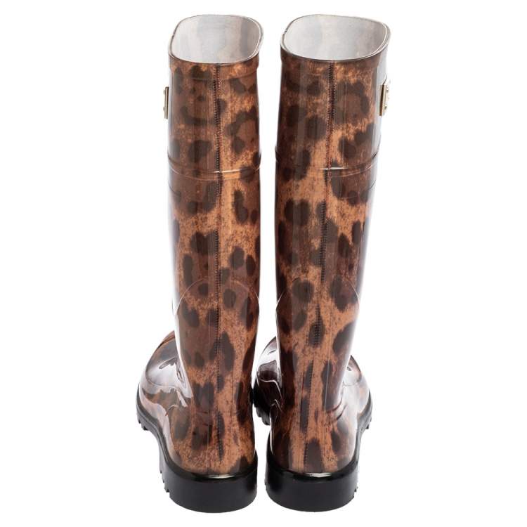 Pre Owned Dolce & Gabbana Black/Gold Leopard Print PVC Mid calf Rain Boots Size 38