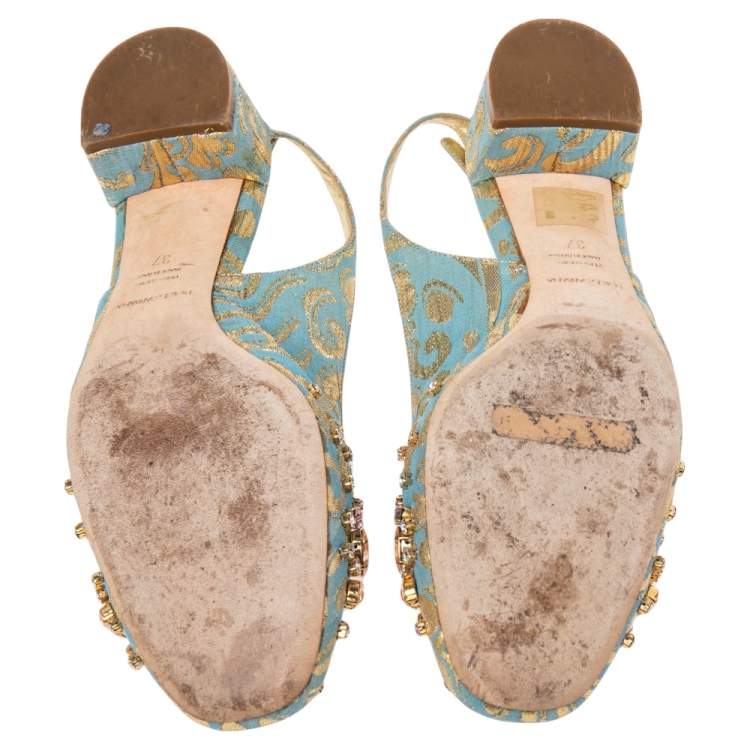Pre Owned Dolce & Gabbana Blue/Gold Brocade Fabric Crystal Embellished Slingback Pumps Size 37
