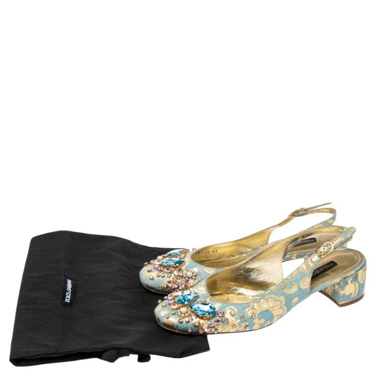 Pre Owned Dolce & Gabbana Blue/Gold Brocade Fabric Crystal Embellished Slingback Pumps Size 37