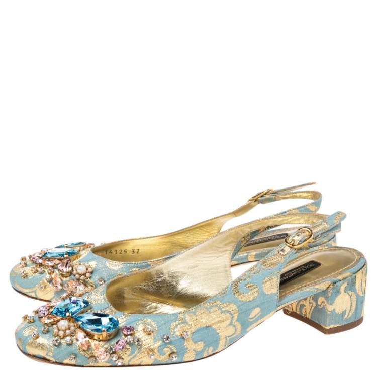 Pre Owned Dolce & Gabbana Blue/Gold Brocade Fabric Crystal Embellished Slingback Pumps Size 37