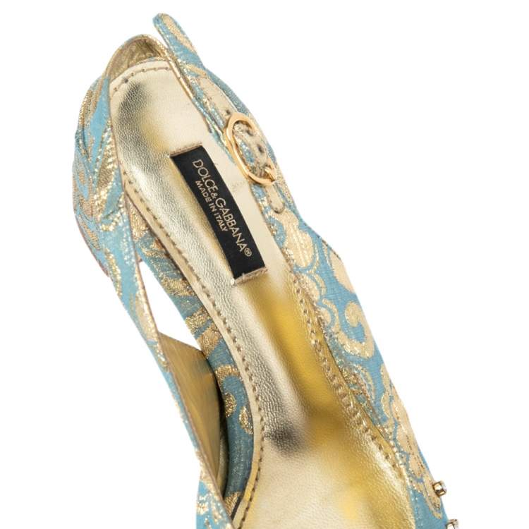 Pre Owned Dolce & Gabbana Blue/Gold Brocade Fabric Crystal Embellished Slingback Pumps Size 37