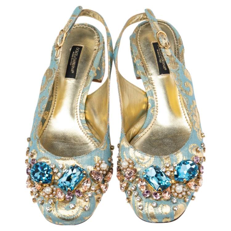 Pre Owned Dolce & Gabbana Blue/Gold Brocade Fabric Crystal Embellished Slingback Pumps Size 37