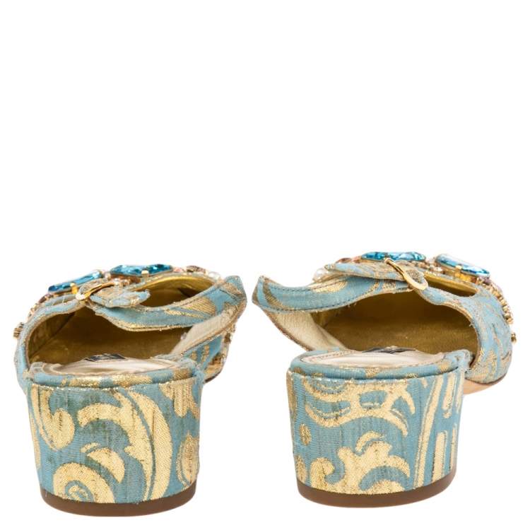 Pre Owned Dolce & Gabbana Blue/Gold Brocade Fabric Crystal Embellished Slingback Pumps Size 37
