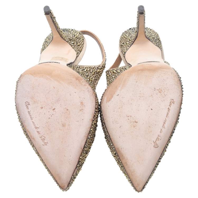 Pre Owned Dolce & Gabbana Gold Crystal Embellished Satin Slingback Pumps Size 39.5